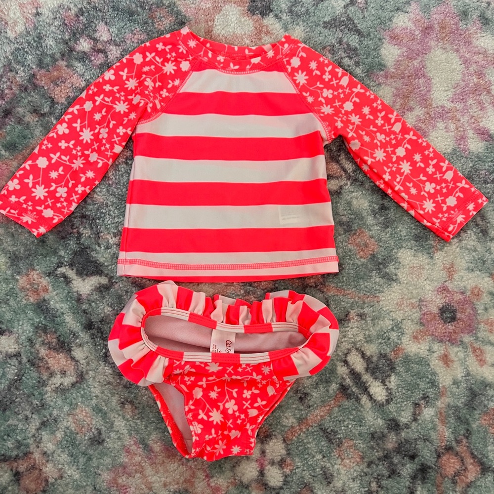 Cat & Jack Floral Striped Swim Set - Neon Pink, 9mo